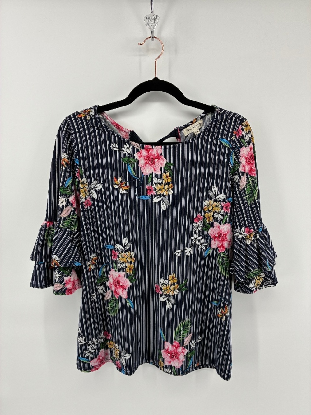 Faith and Joy Blue and White Flutter Sleeve Floral Blouse